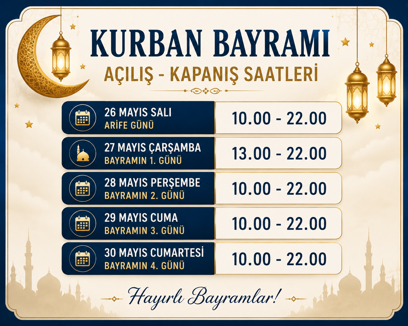 Kurban Bayramı Açılış Kapanış Saatleri